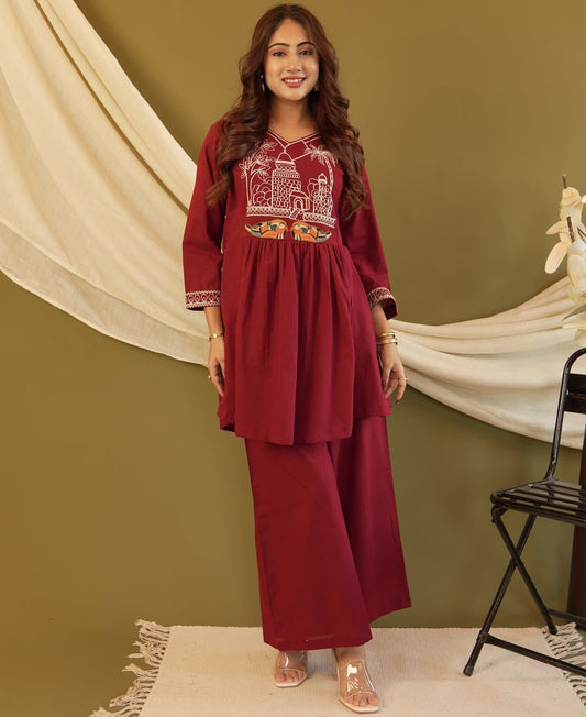 Maroon Embroidered Cotton Co-Ord Set
