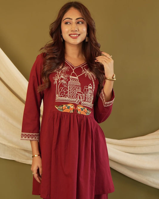 Maroon Embroidered Cotton Co-Ord Set