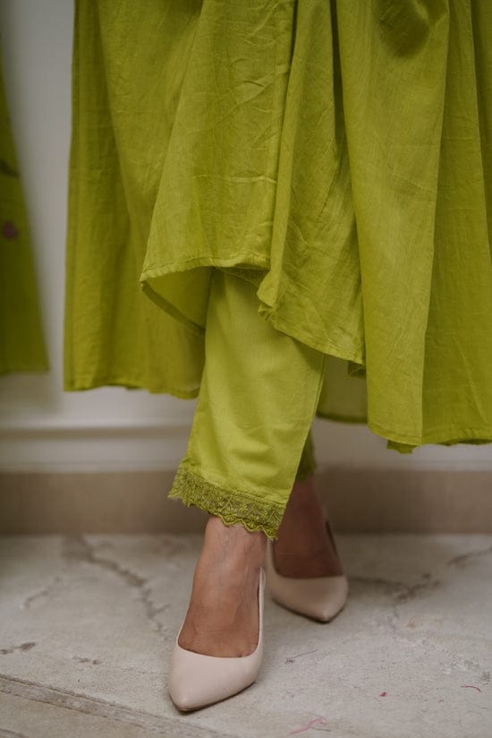 Green Embroidered Cotton Kurta and Pant Set with Dupatta