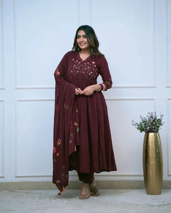 Wine Embroidered Cotton Kurta and Pant Set with Dupatta