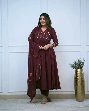 Wine Embroidered Cotton Kurta and Pant Set with Dupatta