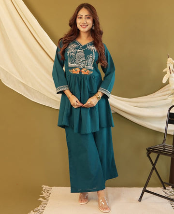 Blue Stone Embroidered Cotton Co-Ord Set