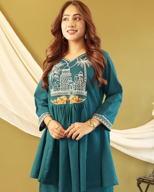 Blue Stone Embroidered Cotton Co-Ord Set
