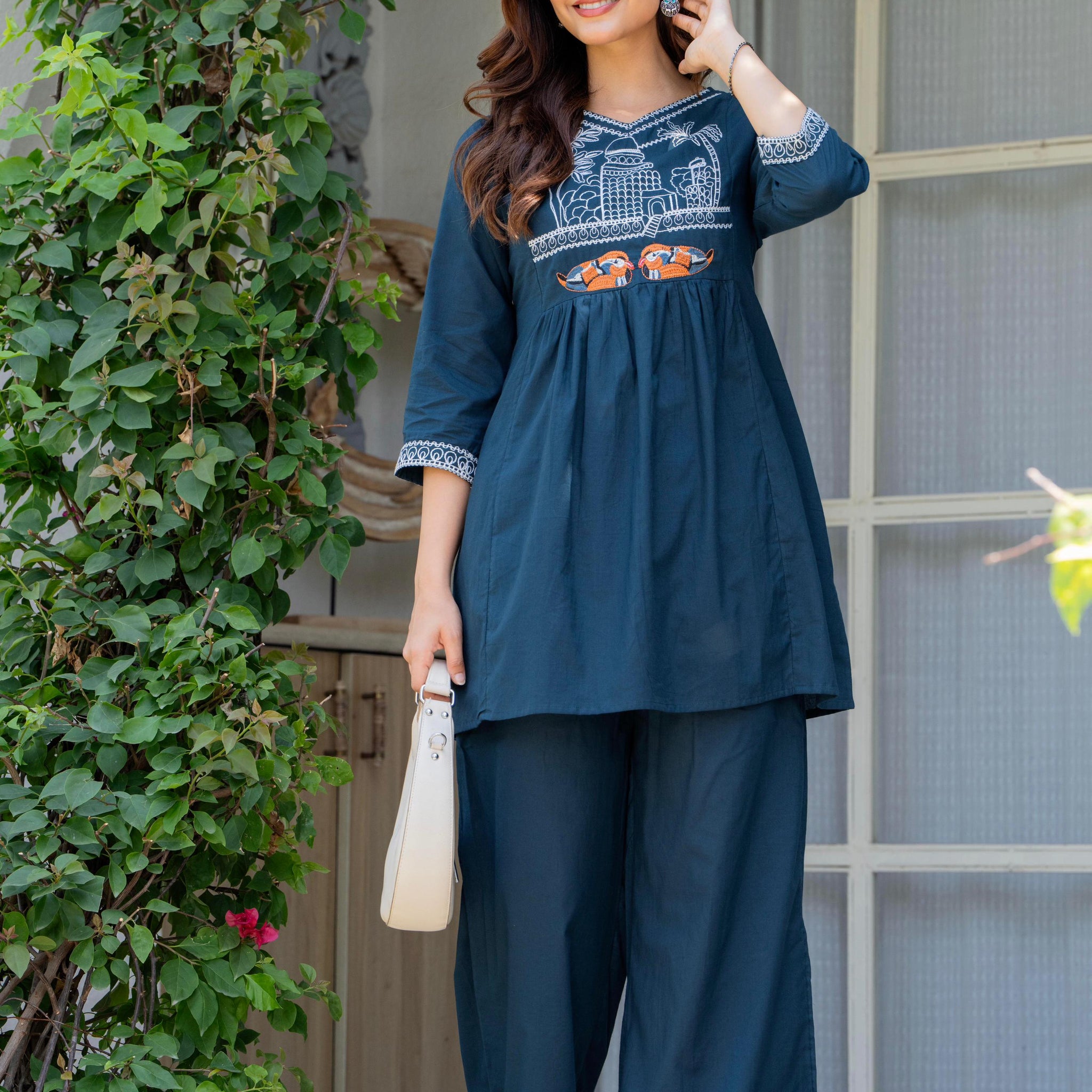 Blue Stone Embroidered Cotton Co-Ord Set