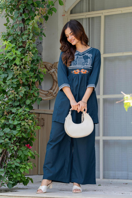 Blue Stone Embroidered Cotton Co-Ord Set