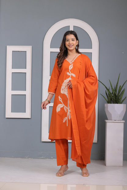 Orange Embroidered Cotton Kurta and Pant Set with Dupatta