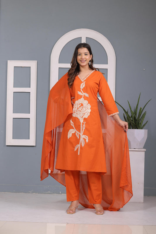 Orange Embroidered Cotton Kurta and Pant Set with Dupatta