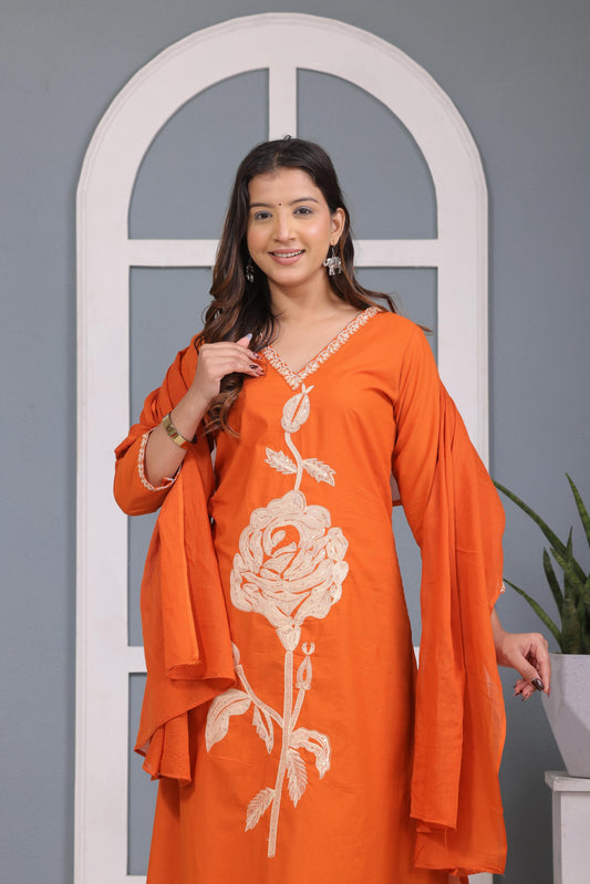 Orange Embroidered Cotton Kurta and Pant Set with Dupatta