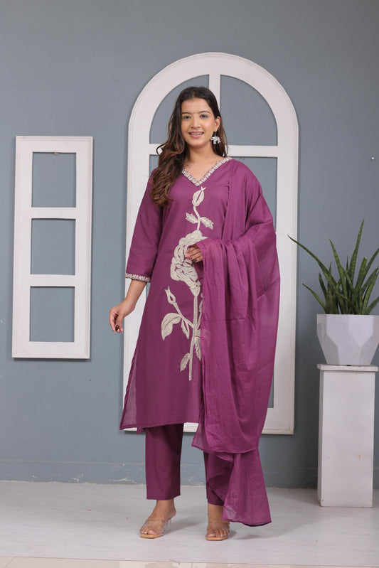 Dark Purple Embroidered Cotton Kurta and Pant Set with Dupatta
