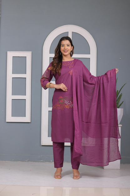 Purple Embroidered Cotton Kurta and Pant Set with Dupatta