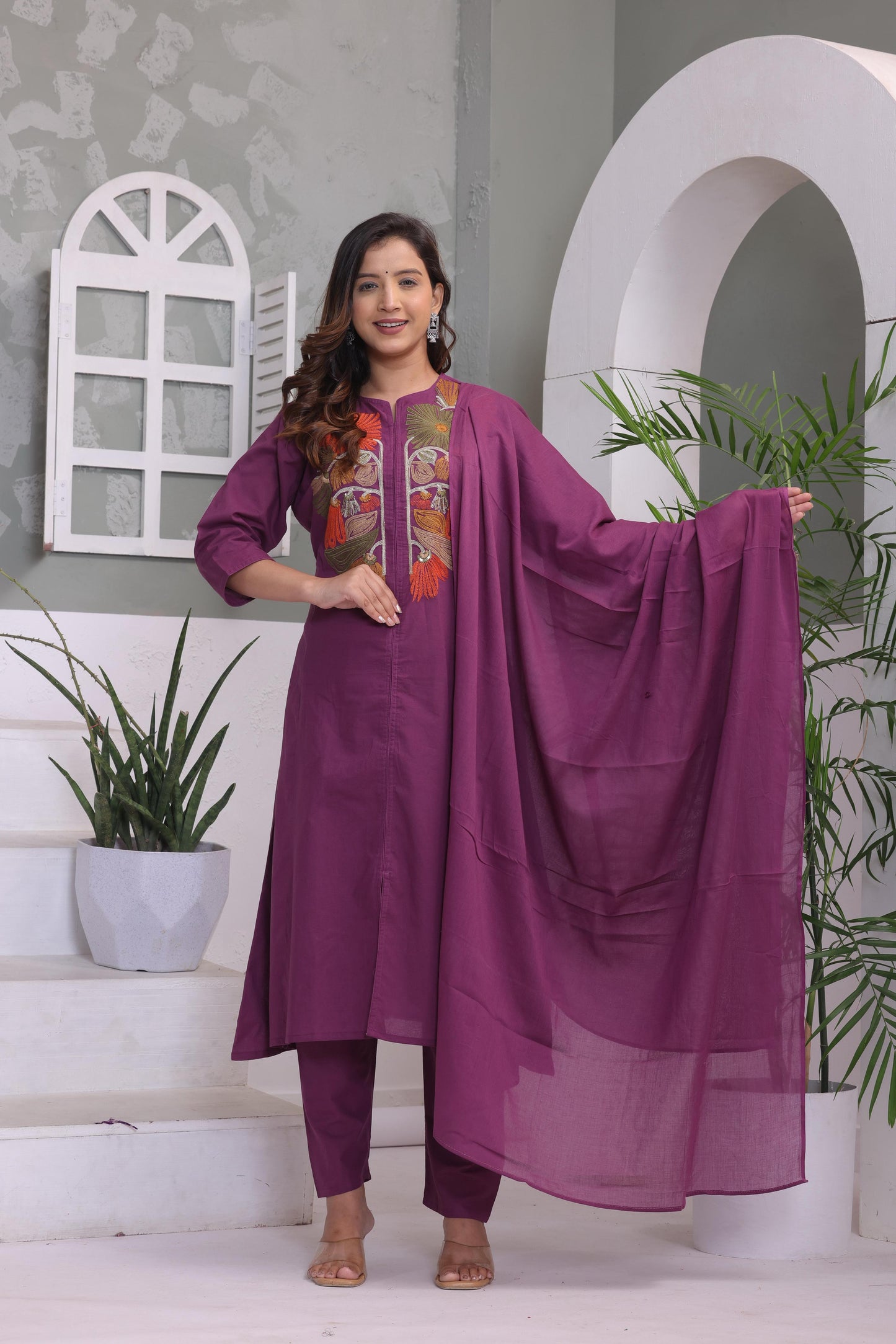 Grape Embroidered Cotton Kurta and Pant Set with Dupatta