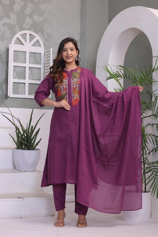 Grape Embroidered Cotton Kurta and Pant Set with Dupatta