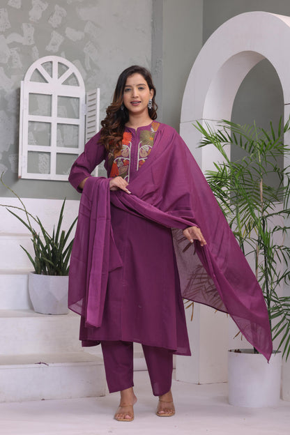 Grape Embroidered Cotton Kurta and Pant Set with Dupatta