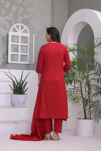 Red Embroidered Cotton Kurta and Pant Set with Dupatta
