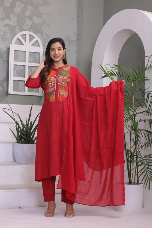 Red Embroidered Cotton Kurta and Pant Set with Dupatta