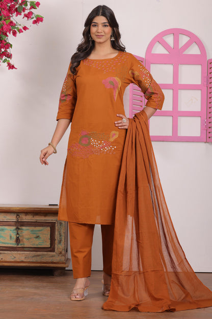 Rust Orange Embroidered Cotton Kurta and Pant Set with Dupatta