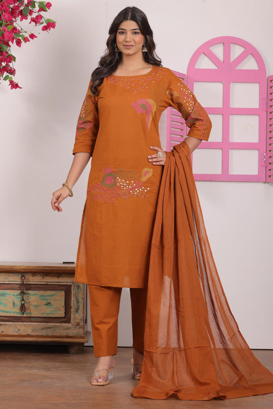 Rust Orange Embroidered Cotton Kurta and Pant Set with Dupatta