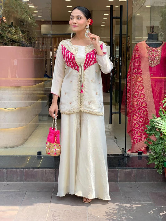 Off White Embroidered Roman Silk Kurta and Palazzo Set