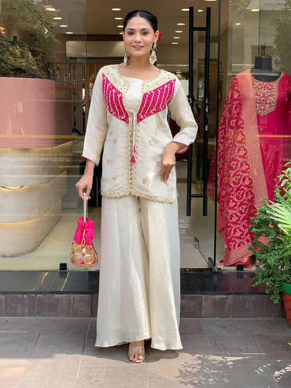 Off White Embroidered Roman Silk Kurta and Palazzo Set