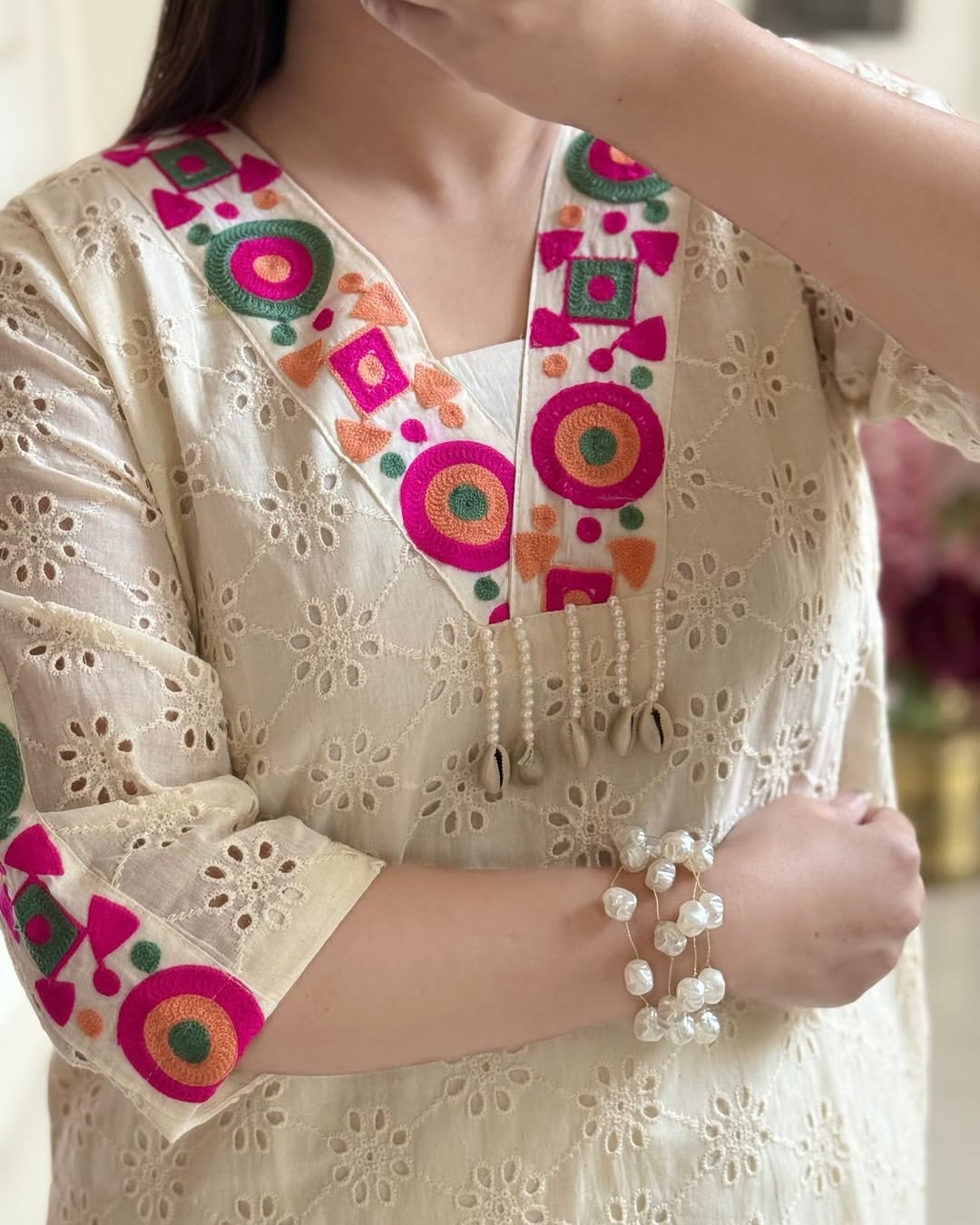 Off White Embroidered Cotton Schiffli Kurta and Pant Set