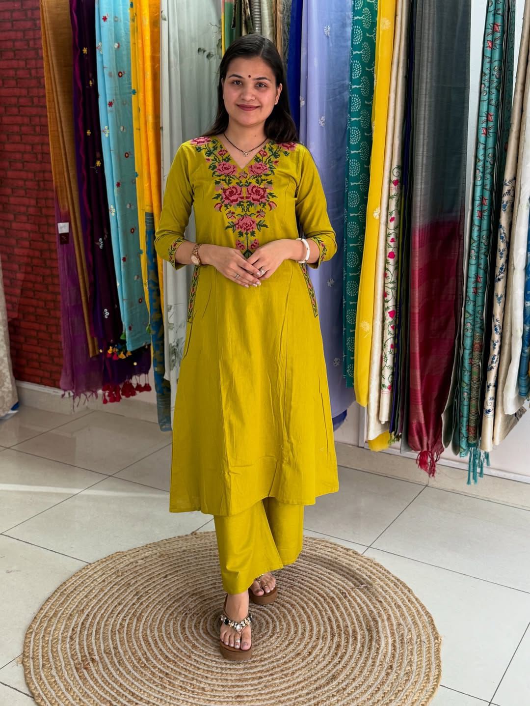 Mustard Embroidered Cotton Flex Kurta and Pant Set