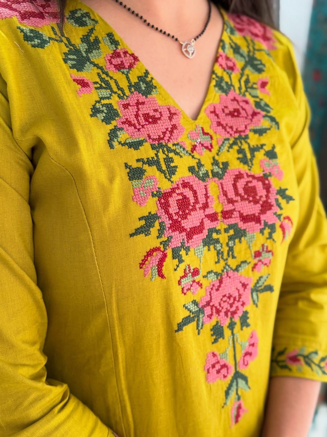 Mustard Embroidered Cotton Flex Kurta and Pant Set
