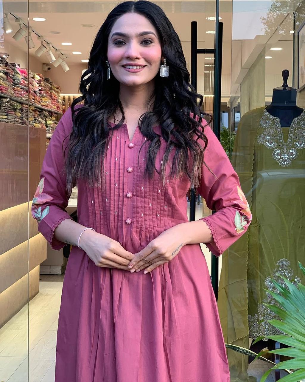 Thulian Pink Embroidered Cotton Kurta and Pant Set with Dupatta