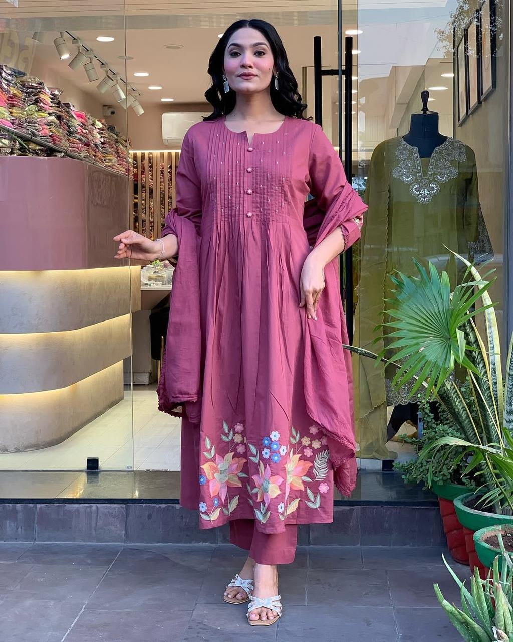 Thulian Pink Embroidered Cotton Kurta and Pant Set with Dupatta