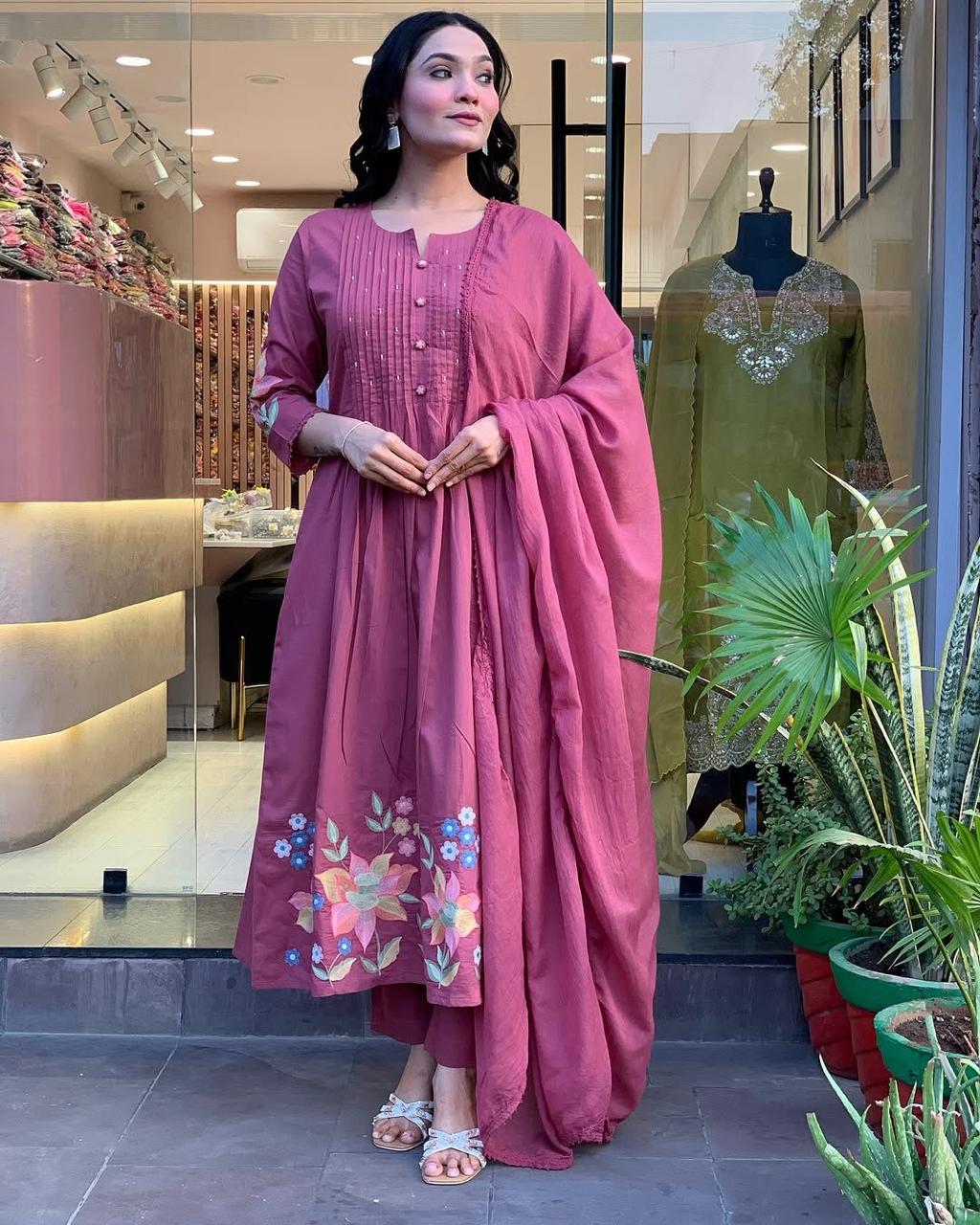 Thulian Pink Embroidered Cotton Kurta and Pant Set with Dupatta