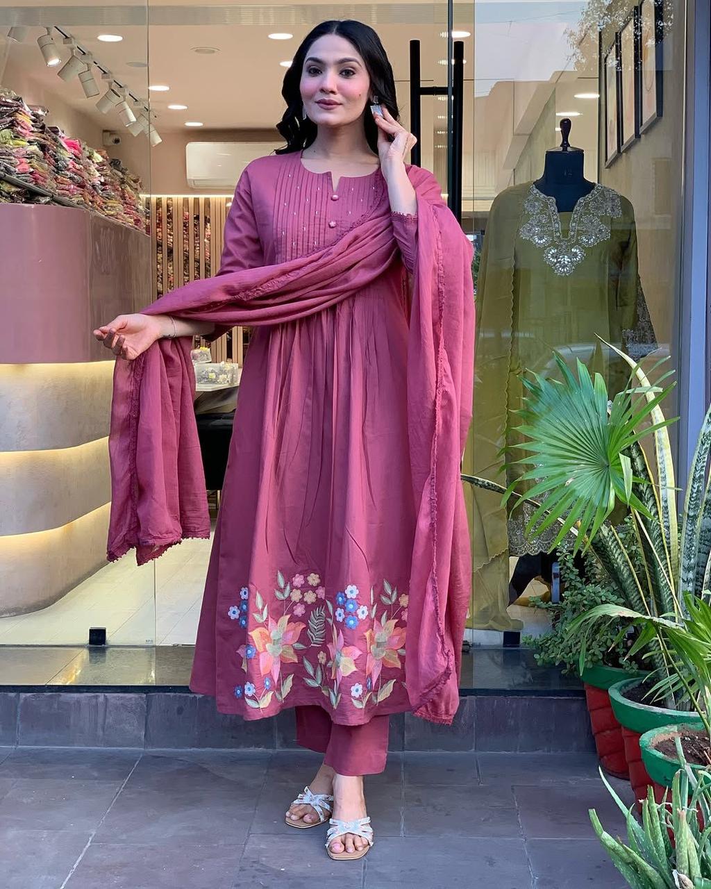 Thulian Pink Embroidered Cotton Kurta and Pant Set with Dupatta