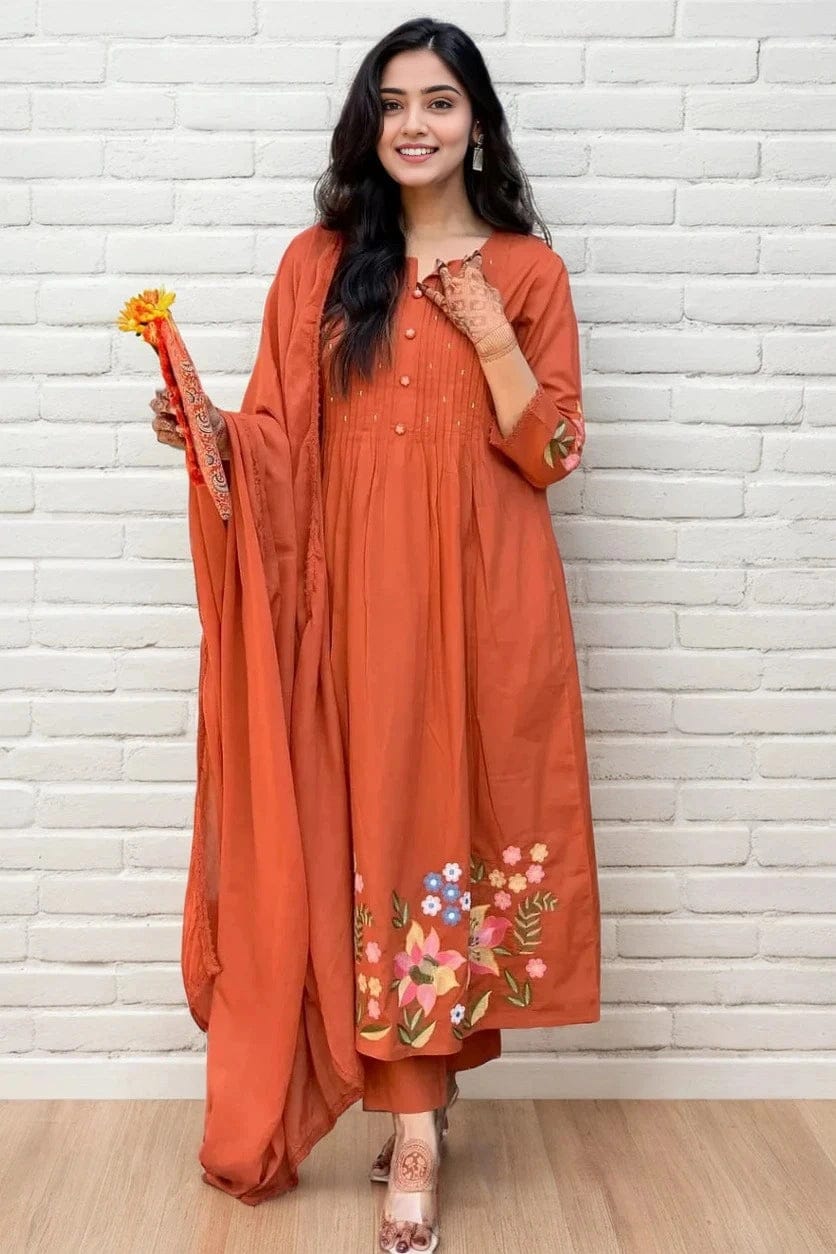Sunset Orange Embroidered Cotton Kurta and Pant Set with Dupatta
