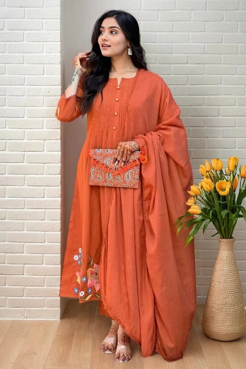 Sunset Orange Embroidered Cotton Kurta and Pant Set with Dupatta