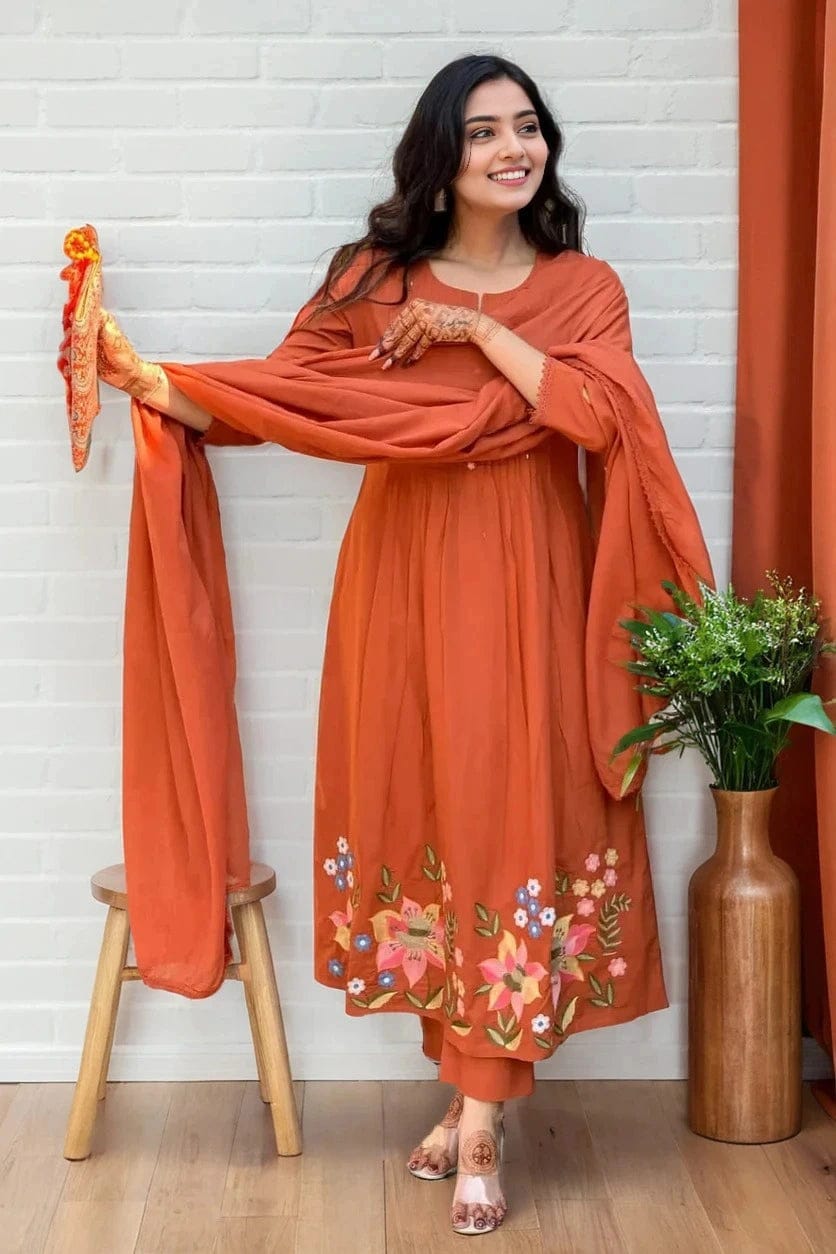 Sunset Orange Embroidered Cotton Kurta and Pant Set with Dupatta
