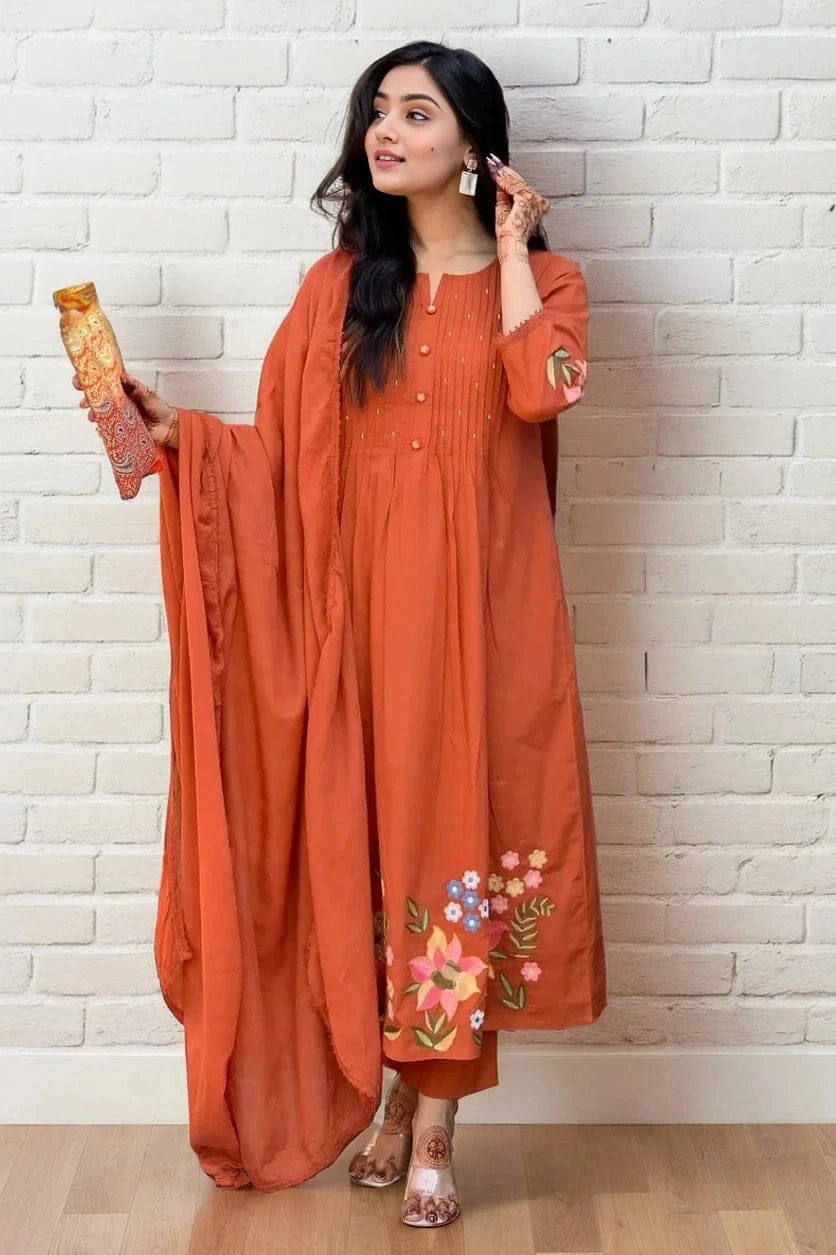 Sunset Orange Embroidered Cotton Kurta and Pant Set with Dupatta
