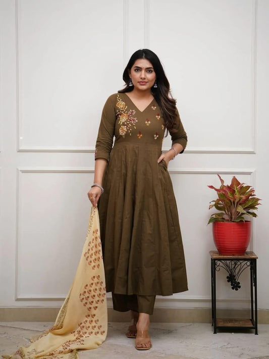 Cafe Noir Embroidered Cotton Kurta and Pant Set with Dupatta