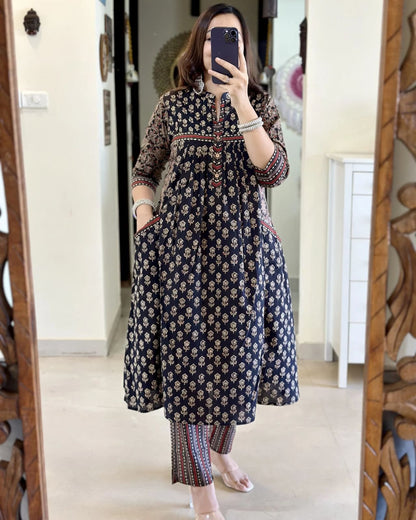 Black Printed Cotton Kurta and Pant Set with Dupatta