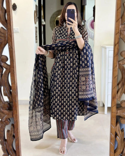 Black Printed Cotton Kurta and Pant Set with Dupatta