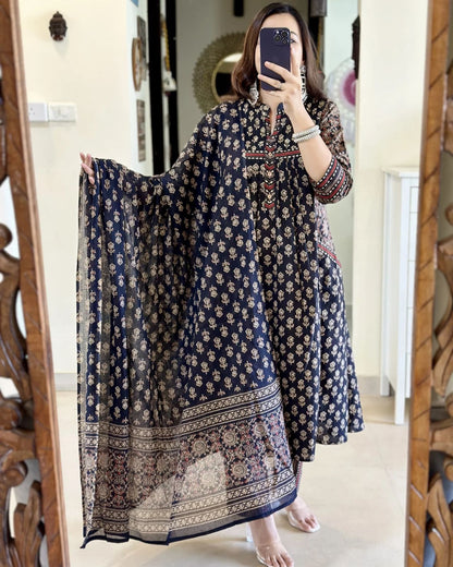 Black Printed Cotton Kurta and Pant Set with Dupatta