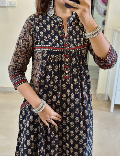 Black Printed Cotton Kurta and Pant Set with Dupatta