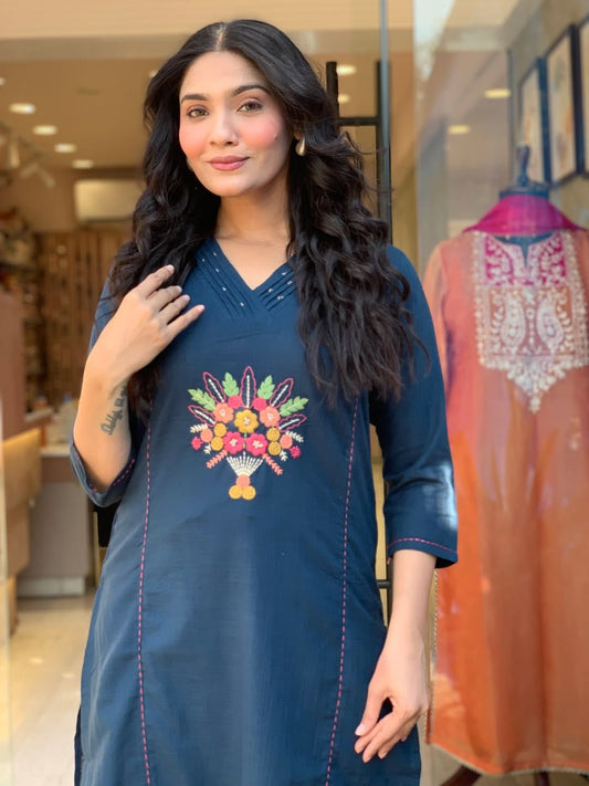 Blue Embroidered Cotton Flex Kurta and Pant Set with Dupatta