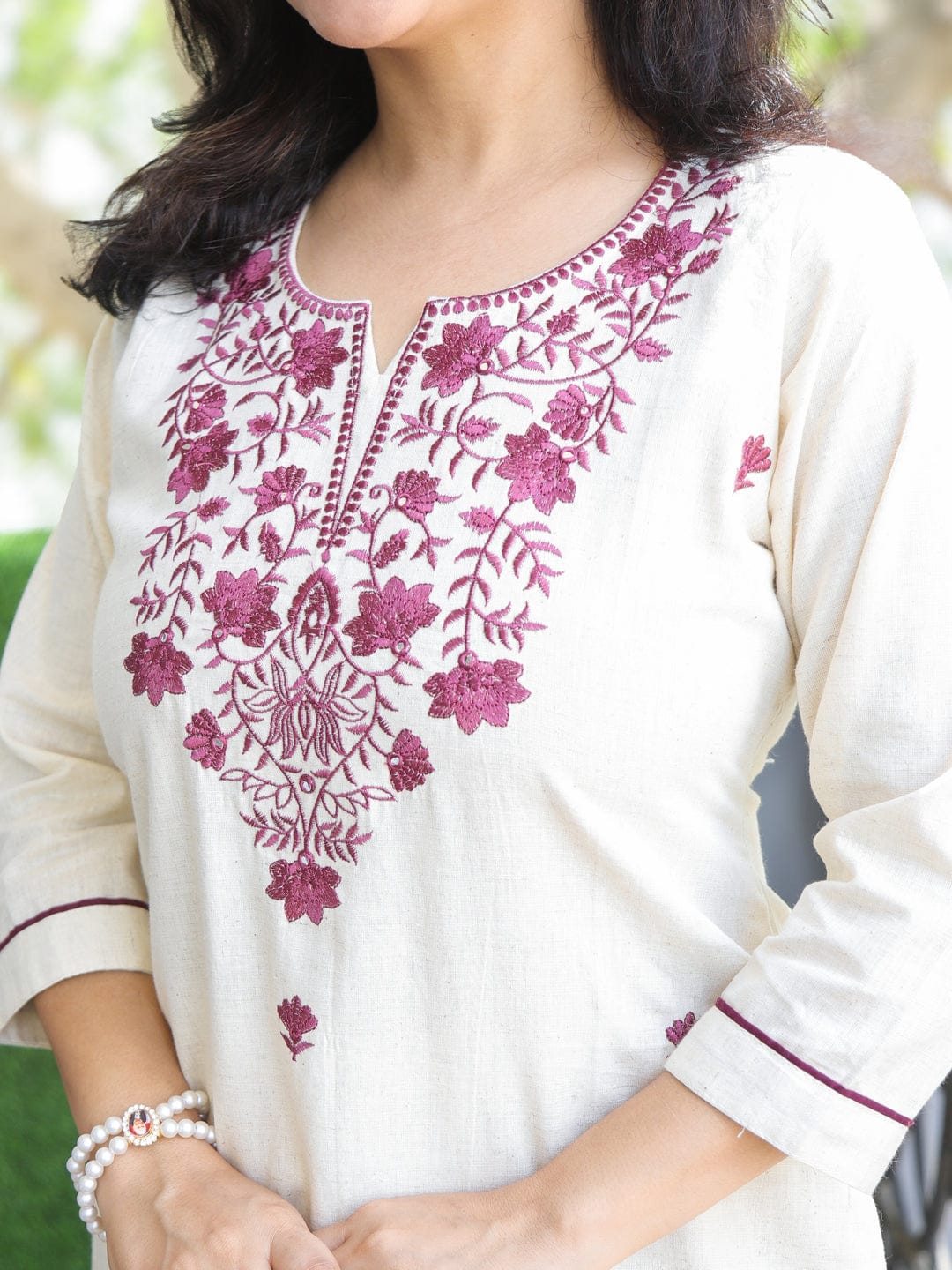 Off White Embroidered Cotton Kurta and Pant Set