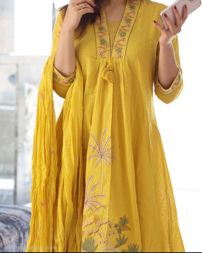 Yellow Embroidered Ram Boota Kurta and Pant Set with Dupatta
