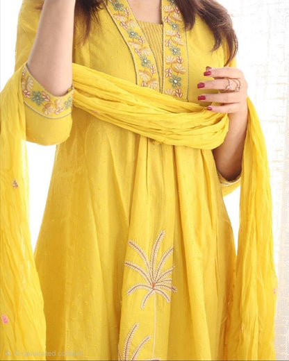 Yellow Embroidered Ram Boota Kurta and Pant Set with Dupatta