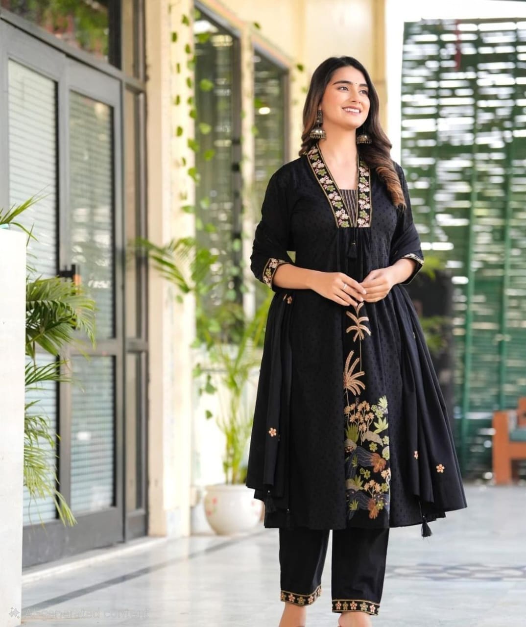Black Embroidered Ram Boota Kurta and Pant Set with Dupatta