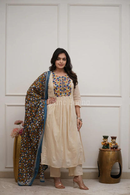 Off White Printed Cotton Kurta and Pant Set with Dupatta