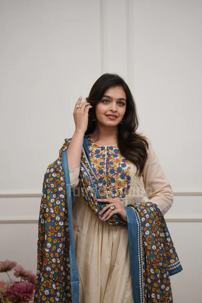 Off White Printed Cotton Kurta and Pant Set with Dupatta