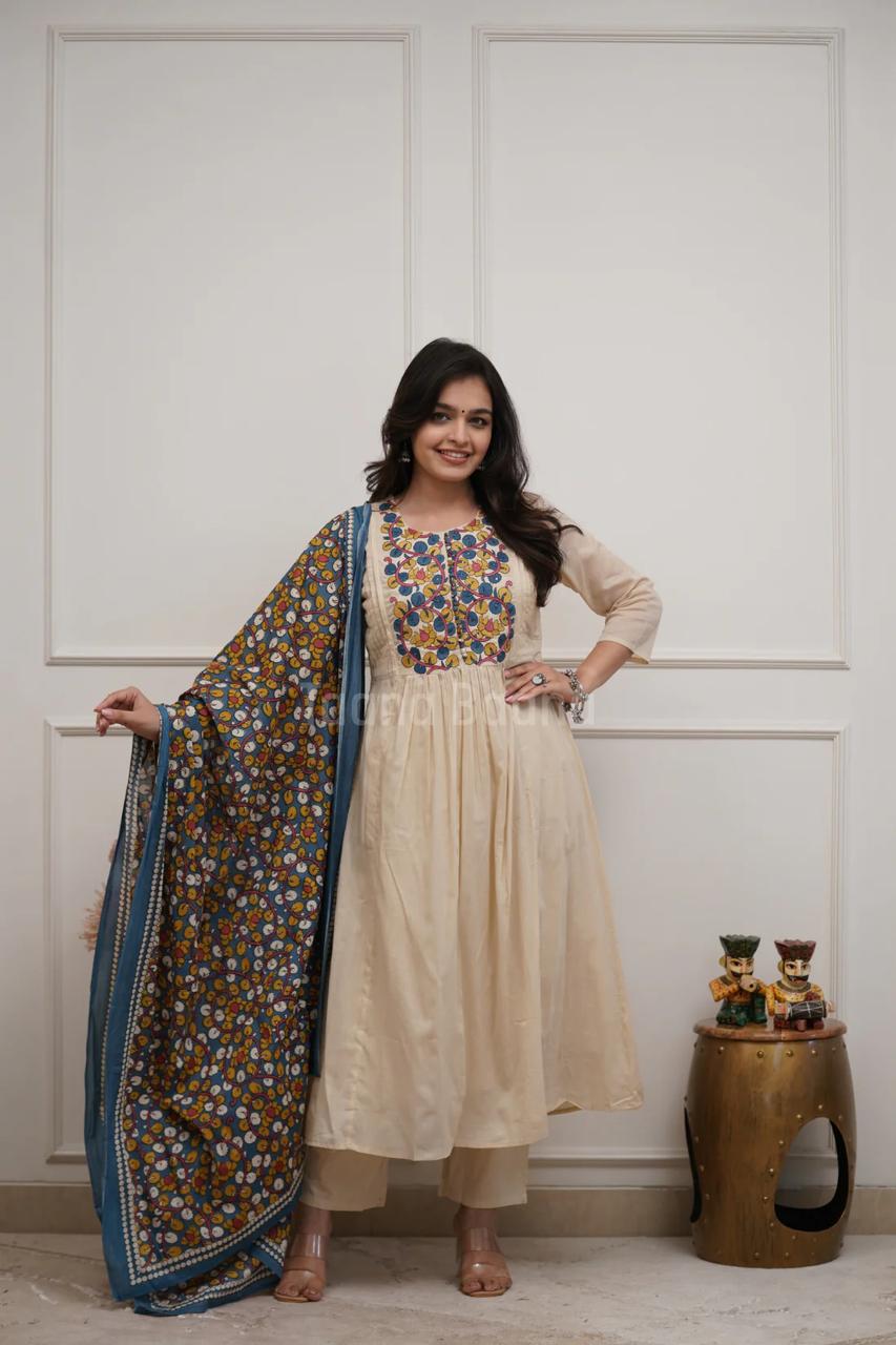 Off White Printed Cotton Kurta and Pant Set with Dupatta