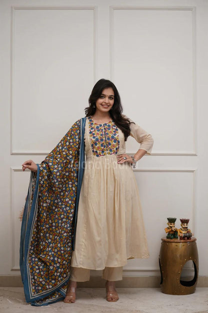 Off White Printed Cotton Kurta and Pant Set with Dupatta