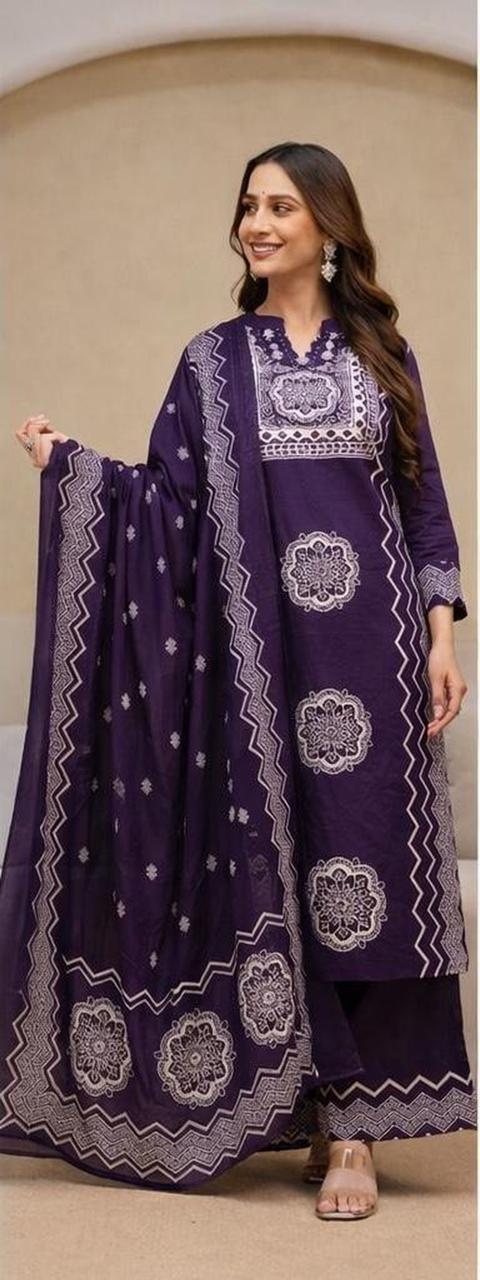 Abstract Purple Printed Cotton Kurta and Pant Set with Dupatta