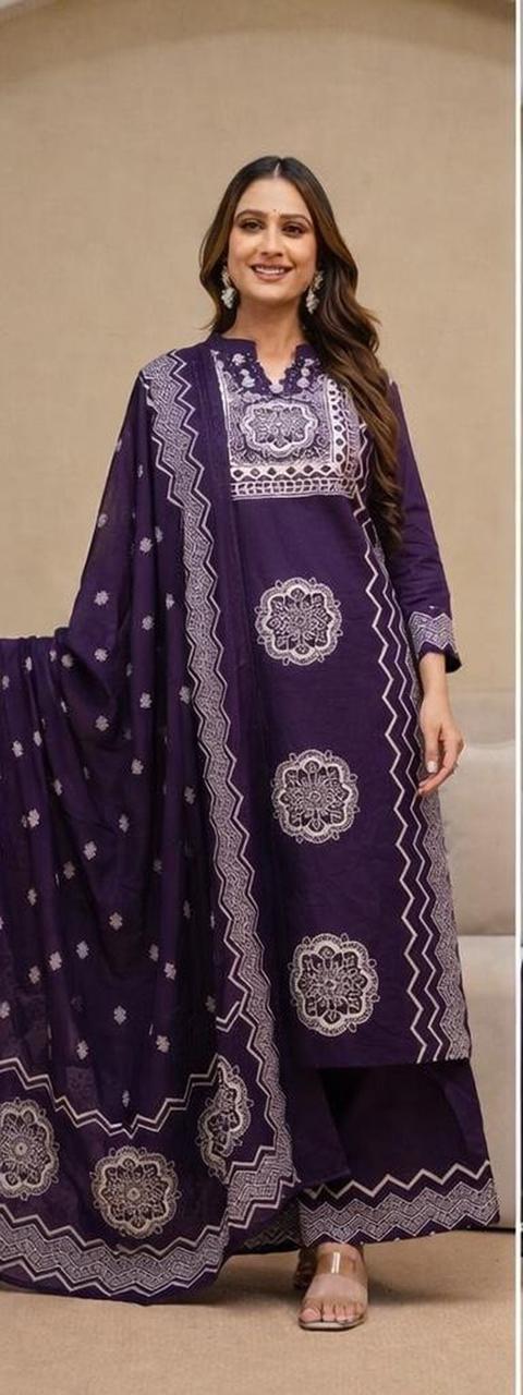 Abstract Purple Printed Cotton Kurta and Pant Set with Dupatta